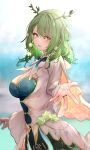  1girl asaikeu braid branch breasts ceres_fauna cleavage dress flower green_hair hair_flower hair_ornament highres hololive hololive_english horns large_breasts leaf looking_at_viewer looking_to_the_side loose_clothes medium_hair parted_lips reaching_towards_viewer standing virtual_youtuber wavy_hair yellow_eyes 