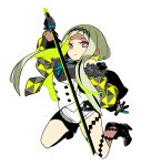  1girl bare_shoulders black_footwear black_gloves blue_necktie boots colored_inner_hair expressionless full_body fur-trimmed_jacket fur_trim gloves green_hair high_heel_boots high_heels highres himukai_yuuji holding holding_sword holding_weapon jacket kneeling long_hair looking_at_viewer multicolored_hair necktie off_shoulder official_art open_clothes open_jacket pink_eyes ringo_(soul_hackers_2) sekaiju_no_meikyuu sekaiju_no_meikyuu_hd shirt shorts sleeveless sleeveless_shirt solo soul_hackers soul_hackers_2 sword weapon 