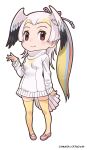  1girl absurdres bird_girl bird_tail bird_wings black_eyes black_hair blonde_hair blue_hair closed_mouth great_white_pelican_(kemono_friends) highres kemono_friends kneehighs long_hair looking_at_viewer multicolored_hair official_art pink_hair red_hair ribbon shoes socks solo sweater tail white_background wings yoshizaki_mine 