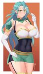  1girl absurdres aqua_hair bare_shoulders blush border bow breasts chloe_(fire_emblem) cleavage commentary covered_navel cowboy_shot elbow_gloves english_commentary fire_emblem fire_emblem_engage garter_straps gloves green_eyes green_skirt hair_bow hand_up highres large_breasts long_hair looking_at_viewer microskirt orange_background orange_bow outside_border pencil_skirt skirt smile solo standing thighs tiredtorto very_long_hair white_border white_gloves 