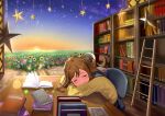  1girl absurdres bangs birthday blush book bookshelf brown_hair cardigan chair commentary crescent_moon flower grasslands highres jyon kunikida_hanamaru ladder library long_hair love_live! love_live!_sunshine!! moon open_book school_uniform sidelocks sky sleeping smile smiley_face solo star_(sky) star_(symbol) starry_sky table uranohoshi_school_uniform yellow_cardigan 