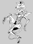  1girl acky_bright animal_skull bangs grey_background helmet highres horns mecha_musume original short_hair simple_background skeleton skinny skull tail 