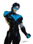  1boy absurdres artist_name bandaged_arm bandages bandaid bandaid_on_cheek bandaid_on_face batman_(series) black_bodysuit black_hair blue_bodysuit bodysuit closed_mouth dc_comics dick_grayson domino_mask highres jorgejimenezart large_pectorals male_focus mask muscular muscular_male nightwing pectorals short_hair simple_background solo two-tone_bodysuit white_background 