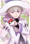  1boy bangs bede_(champion)_(pokemon) bede_(pokemon) blonde_hair coat commentary_request curly_hair eyelashes hat highres holding holding_poke_ball long_sleeves male_focus mocacoffee_1001 official_alternate_costume open_mouth poke_ball poke_ball_(basic) pokemon pokemon_(game) pokemon_masters_ex purple_eyes short_hair signature smile solo upper_body white_coat white_headwear wizard_hat 