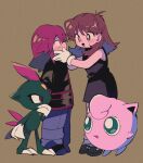  1boy 1girl :d bangs black_jacket blush_stickers bright_pupils brown_background brown_hair commentary_request eye_contact gloves green_(pokemon) hair_flaps hands_up highres jacket jigglypuff long_hair looking_at_another ok_ko19 open_mouth pants pokemon pokemon_(creature) pokemon_adventures shoes silver_(pokemon) simple_background smile sneasel standing white_gloves white_pupils 