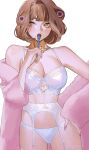 1girl :o blush bra breasts brown_hair chain_necklace character_request cleavage coat copyright_request eyelashes fur_coat garter_belt highres jewelry large_breasts looking_afar looking_at_viewer meu_oo mole mole_under_mouth necklace panties pink_coat simple_background underwear white_background white_bra white_panties 