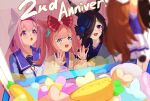  +_+ 3girls :3 against_glass agnes_digital_(umamusume) animal_ears anniversary arms_up blue_coat blue_eyes blurry blurry_foreground blush bow bowtie brown_hair cardigan character_doll coat crane_game ear_covers flower hair_bow hair_over_one_eye haru_urara_(umamusume) hat hat_flower highres horse_ears long_hair long_sleeves multiple_girls ningen_gokko open_mouth pink_eyes pink_hair ponytail purple_eyes purple_shirt rice_shower_(umamusume) sailor_collar shirt smile stuffed_toy two_side_up umamusume 