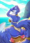  absurd_res anthro beach blue_body blue_fur blue_hair butt canid canine clothed clothing female fox fur hair hi_res krystal looking_at_viewer mammal nintendo paws redelder seaside smile solo star_fox white_body white_fur 