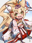  1girl :d absurdres animal_ear_fluff animal_ears bangs blonde_hair blue_sky blush branch cloud commentary_request day floral_print flower fox_ears fox_girl fox_tail green_eyes hair_between_eyes hakama headpiece highres indie_virtual_youtuber japanese_clothes kamiya_ris kimono kuro_kosyou long_hair long_sleeves looking_at_viewer pink_kimono ponytail print_kimono red_flower red_hakama round_teeth seiza sitting sky sleeves_past_wrists smile solo tail teeth upper_teeth_only very_long_hair virtual_youtuber wide_sleeves 