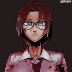  1girl blood blood_on_clothes blood_on_eyewear blood_on_face blue_eyes breasts brown_hair commentary commission english_commentary frown glasses highres kaibootsu loose_necktie medium_breasts medium_hair necktie original portrait red_necktie ringed_eyes signature solo 