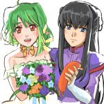  2girls arm_strap bangs black_hair blue_eyes bouquet bow bow_choker breasts choker commission crossover dress green_dress green_hair gundam gundam_00 highres holding holding_bouquet long_hair looking_at_viewer macross macross_frontier marina_ismail medium_breasts multiple_girls nekkikamille oosanshouuo-san orange_eyes purple_dress ranka_lee short_hair smile strapless strapless_dress white_background yellow_bow yellow_choker 