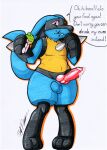  absurd_res animal_genitalia animal_penis anthro balls belly big_penis blue_body blue_fur bodily_fluids chubby_anthro chubby_male dialogue fur generation_4_pokemon genital_fluids genitals hi_res looking_at_viewer lucario male nintendo nude overweight penis pokemon pokemon_(species) rotten_owl simple_background slightly_chubby smile solo traditional_media_(artwork) white_background 