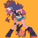  1girl baseball_cap bent_over black_footwear black_socks black_vest boots bright_pupils brown_hair commentary_request eyelashes green_eyes hat high_ponytail highres hilda_(pokemon) holding holding_poke_ball long_hair looking_down ok_ko19 poke_ball poke_ball_(basic) pokemon pokemon_(creature) pokemon_(game) pokemon_bw shirt short_shorts shorts sidelocks sleeveless sleeveless_shirt socks tepig vest white_headwear white_pupils white_shirt wristband 