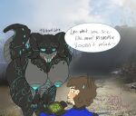  anthro bethesda_softworks breasts brown_hair deathclaw discodemon duo embarrassed fallout female glowing glowing_eyes glowing_markings glowing_nipples grey_body hair hi_res human male male/female mammal markings nipples quantum_deathclaw_(fallout) reptile scalie 