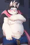  2023 akira_ryutani anthro azoth_(crave_saga) belly black_body blue_eyes blush canid canine canis crave_saga domestic_dog genitals kemono male mammal moobs navel nipples overweight overweight_male penis solo white_body 