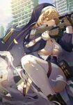  1girl agnes_abigail blonde_hair blue_hood bolt_action breasts brown_gloves building city counter:side gloves green_eyes gun heterochromia highres holding holding_weapon niac rifle shell_casing skyscraper smile smoke_trail sniper_rifle solo thighhighs thighs weapon weapon_request white_thighhighs yellow_eyes 