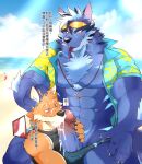  5_fingers abs alex168wang anthro anthro_on_anthro beach big_penis blue_eyes bodily_fluids canid canine chinese_text claws countershade_arms countershade_face countershade_neck countershade_torso countershading cum cum_in_mouth cum_inside cum_on_face drinking drinking_cum duo erection fingers genital_fluids genitals glans hi_res humanoid_genitalia humanoid_penis inner_ear_fluff lifewonders male male/male mammal muscular muscular_anthro muscular_male pecs penis seaside text tindalos_(tas) tokyo_afterschool_summoners tongue tongue_out translation_request tuft vein veiny_penis 