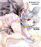  1girl animal_ears ass bangs barefoot bloomers blue_capelet blush capelet commentary_request dated foot_out_of_frame grey_hair grey_skirt h_haniwa long_sleeves looking_at_viewer looking_back mouse_ears mouse_girl mouse_tail nazrin open_mouth pink_bloomers pink_shirt rag red_eyes shirt short_hair skirt soles solo tail touhou translation_request underwear wavy_hair 