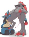  ambiguous_gender anthro biped black_body black_fur blue_body blue_eyes blue_fur breasts claws collar crotch_tuft dominant dominant_female dorito_ru duo featureless_crotch female fur generation_4_pokemon generation_5_pokemon grey_body grey_fur hands_behind_back head_grab hi_res holding_leash holding_object kneeling leash leash_and_collar low-angle_view lucario nintendo pokemon pokemon_(species) red_eyes simple_background stepped_on tan_body tan_fur tuft under_boob white_background zoroark 