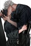  2boys black_hair blush closed_eyes full-face_blush fushiguro_megumi fushirun_rung gojou_satoru grabbing_another&#039;s_hair hands_on_another&#039;s_head height_difference highres jujutsu_kaisen kiss korean_commentary male_focus multiple_boys short_hair spiked_hair sweat veins white_hair wide_sleeves yaoi 