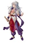  1boy absurdres arcturus bangs bracer closed_mouth full-body_tattoo full_body grey_eyes grey_hair high_ponytail highres holding holding_sword holding_weapon long_hair looking_at_viewer male_focus open_clothes open_shirt pants purple_footwear purple_pants shirt shoes simple_background sizz_flair smile solo standing sword tattoo weapon white_background white_shirt xiansan 