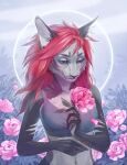  anthro black_nose blue_clothing blue_eyes blue_topwear cheek_tuft clothed clothing eyelashes facial_tuft felid female flower fur grey_body grey_fur hair half-length_portrait hi_res holding_flower holding_object looking_down mammal marie_merkh narrowed_eyes navel pink_flower plant portrait red_hair signature solo striped_arms topwear tuft 
