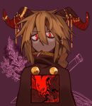  1boy blonde_hair braid brown_horns cigarette curled_horns demon_boy demon_horns ear_piercing flower funamusea highres horns jewelry knife knifedragon kyou_(funamusea) lavender_(flower) long_sleeves looking_at_viewer messy_hair open_mouth piercing pointy_ears red_eyes sharp_teeth solo teeth turtleneck weapon 