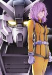  1girl bangs breasts clenched_hands commentary glowing glowing_eyes gundam gundam_battle_operation_code_fairy gundam_pixy hair_over_one_eye highres lilith_aiden mecha medium_breasts mobile_suit official_art pilot_suit purple_hair red_eyes robot serious sidelocks takagi_shuei upper_body v-fin wavy_hair yellow_eyes 
