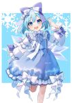  1girl adapted_costume bangs blue_bow blue_dress blue_eyes blue_hair blue_nails blush bow cirno dress fairy fingernails frilled_dress frills hair_between_eyes hair_bow hair_ornament highres ice ice_wings kuroda_(chokobo_314) long_sleeves looking_at_viewer nail_polish open_mouth short_hair smile snowflake_hair_ornament solo touhou twitter_username wings 