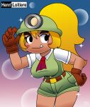  big_breasts black_eyes blonde_hair blue_background blush blush_stickers bottomwear breasts brown_body brown_clothing brown_gloves brown_handwear clothed clothing eyelashes female gloves goomba goombella green_bottomwear green_clothing green_hat green_headwear green_shorts green_topwear hair hakimurax hand_on_hip handwear hat headgear headwear hi_res humanoid mario_bros nintendo paper_mario paper_mario:_the_thousand_year_door pink_background ponytail shirt shorts simple_background snaggle_tooth solo sparkles thick_thighs topwear white_clothing white_shirt white_topwear wide_hips 