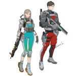  1boy 1girl absurdres armor artist_name backpack bag beam_rifle blue_bodysuit bodysuit breasts brown_hair cleavage energy_gun gloves grey_footwear grey_gloves grey_hair gun highres holding holding_gun holding_weapon holster knee_pads original pants pouch red_pants simple_background sonech standing weapon white_background 