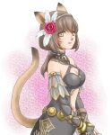  1girl animal_ears avatar_(ff11) bangs bare_shoulders black_dress black_gloves breasts brown_hair cat_ears cat_girl cat_tail cleavage clothing_cutout dancer_(final_fantasy) dress elbow_gloves facial_mark feather_hair_ornament feathers final_fantasy final_fantasy_xi fingerless_gloves flower gloves grey_hairband hair_flower hair_ornament hairband halter_dress halterneck highres long_hair low_ponytail medium_breasts mithra_(ff11) navel navel_cutout open_mouth pink_flower pink_lips pink_rose rose sakutsuki solo standing tail tail_raised whisker_markings white_feathers yellow_eyes 