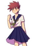  1boy absurdres alternate_costume bangs blue_oak blue_sailor_collar blue_skirt blush brown_eyes brown_hair clenched_hand closed_mouth collarbone commentary_request crossdressing hand_up highres male_focus no_sclera pleated_skirt pokemon pokemon_(game) pokemon_hgss sailor_collar school_uniform serafuku shirt short_hair short_sleeves simple_background skirt solo spiked_hair wanichi white_background white_shirt 