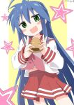  1girl absurdres blue_hair blush_stickers chocolate_cornet cynical_(llcbluckg_c004) double_v food green_eyes hair_between_eyes highres izumi_konata lucky_star mole mole_under_eye open_mouth red_sailor_collar red_skirt sailor_collar school_uniform serafuku skirt solo star_(symbol) v 