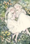  2girls barefoot blush braid closed_eyes dress field flower flower_field hands_on_own_chest long_hair lying medium_hair multiple_girls on_back on_grass on_side original outdoors painting_(medium) sleeping toyoda_izumi traditional_media white_dress white_hair 