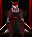  2017 aged_up angry anthro black_clothing black_ears black_nose canid canine clothing dual_wielding eye_scar facial_scar fox front_view fur green_inner_ear holding_object holding_weapon inside kaiwinterpaw lightsaber looking_at_viewer male mammal melee_weapon red_body red_fur red_lightsaber scar sith_lord snarling solo star_wars victor_johansen weapon 