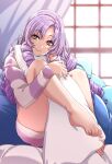  1girl bangs drill_hair feet highres hyakumantenbara_salome knees_to_chest kobamiso_(kobalt) legs long_hair long_sleeves looking_at_viewer nijisanji object_hug parted_bangs pillow pillow_hug purple_eyes purple_hair sitting smile solo striped striped_sweater sweater toe_scrunch toes very_long_hair virtual_youtuber 