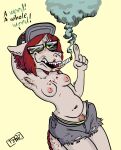  anthro armpit_hair bags_under_eyes baseball_cap belly body_hair bottomwear breasts clothed clothing cutoffs denim denim_clothing dialogue drugs eyewear female forktongue_(forktongued-ragga-missile) forktongued-ragga-missile freckles gesture glasses green_eyes hair hat headgear headwear hi_res marijuana navel nipples pointing pubes red_hair reptile scalie shorts simple_background small_breasts smoke smoking solo topless topless_female white_background 