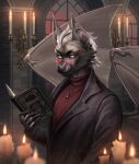  anthro bat black_claws black_clothing black_jacket black_topwear book candle claws clothed clothing eyelashes eyewear finger_claws fur glasses grey_body grey_ears grey_eyes grey_fur grey_wings hair half-length_portrait hi_res holding_book holding_object inside jacket looking_at_viewer male mammal marie_merkh membrane_(anatomy) membranous_wings mouth_closed pink_pupils portrait pupils red_clothing red_topwear round_glasses solo topwear wearing_glasses white_hair wings 