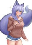  1girl absurdres animal_ears arknights bare_shoulders blush bra_strap braid breasts brown_sweater commentary_request cowboy_shot cutoffs denim denim_shorts hair_between_eyes hanya_neko highres large_breasts long_hair long_sleeves looking_at_viewer off-shoulder_sweater off_shoulder provence_(arknights) purple_hair short_shorts shorts simple_background single_braid smile solo standing sweater thighs white_background wolf_ears yellow_eyes 