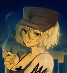  1girl arm_tattoo blonde_hair breast_tattoo breasts cigarette cityscape cleavage green_sports_bra hat holding holding_cigarette large_breasts looking_at_viewer marichka military_hat original russo-ukrainian_war short_hair smoke sports_bra tattoo tryzub usergore 