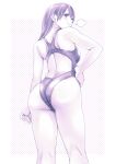  1girl =3 absurdres clenched_hand commentary_request competition_swimsuit from_behind from_below highleg highleg_swimsuit highres long_hair looking_at_viewer looking_back macosee monochrome one-piece_swimsuit original purple_theme smug solo standing swimsuit translation_request 