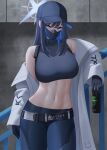  1girl bangs bare_shoulders belt blue_archive blue_eyes blue_hair blue_headwear blue_pants breasts can covered_mouth energy_drink halo hat highres holding holding_can large_breasts long_hair long_sleeves looking_at_viewer mask midriff monster_energy mouth_mask navel off_shoulder pants saori_(blue_archive) solo stomach wei_xiao 