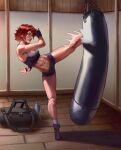  1girl abs artoflec bottle fingerless_gloves gloves green_eyes gym highres kicking original punching_bag red_hair solo sweat tomboy toned water_bottle 