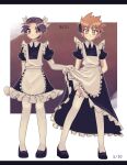  2boys absurdres alternate_costume apron black_dress black_footwear blue_oak brown_eyes brown_hair closed_mouth clothes_lift commentary_request dated dress dress_lift elbow_gloves enmaided frills garter_straps gloves highres lifted_by_another looking_at_viewer maid male_focus multiple_boys pantyhose pokemon red_(pokemon) shoes short_hair short_sleeves spiked_hair standing thighhighs wanichi white_apron white_gloves white_pantyhose white_thighhighs 