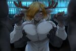  absurd_res anthro antlers balls bar big_breasts biped blonde_hair breasts cervine clothing deer disembodied_hand erection faceless_anthro faceless_character faceless_male female genitals glans group hair hair_over_eye handjob hi_res horn humanoid_genitalia humanoid_penis inside kemono male male/female mammal nude one_eye_obstructed penile penis red_eyes scared sex sleepiness18 