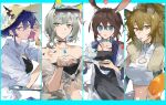  4girls :/ :o adjusting_eyewear alternate_costume amiya_(arknights) animal_ear_fluff animal_ears arknights bare_shoulders black_choker black_dress black_shirt black_tube_top blonde_hair blue_eyes blue_hair bottle bracelet breasts brown_hair cat_ears ch&#039;en_(arknights) chinese_commentary choker closed_mouth coat commentary dragon_horns dress eyewear_on_head food green_eyes green_hair hair_between_eyes hat highres holding holding_bottle horns horns_through_headwear ice_cream jacket jewelry kal&#039;tsit_(arknights) large_breasts lion_ears long_hair looking_at_viewer medium_hair mouth_hold multiple_girls multiple_rings open_clothes open_coat open_jacket open_mouth oripathy_lesion_(arknights) parted_lips pendant pink_eyes popsicle rabbit_ears ring shirt siege_(arknights) sleeveless sleeveless_shirt slit_pupils strapless straw_hat sunglasses towel tube_top wanwan_huo_de_hao_beishang white_coat white_jacket white_shirt yellow_eyes 