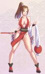  1girl absurdres bangs bare_shoulders breasts brown_eyes brown_hair cleavage closed_mouth commentary_request fatal_fury folding_fan full_body hand_fan high_ponytail highres japanese_clothes large_breasts long_hair looking_at_viewer moncler ninja pelvic_curtain ponytail revealing_clothes rope shiranui_mai solo the_king_of_fighters thighs 
