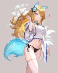  1girl absurdres animal_ears artist_request bare_shoulders bikini bikini_bottom_only black_bikini black_nails blonde_hair blue_eyes breasts cameltoe closed_mouth commission cowboy_shot crop_top detached_sleeves eungae fingernails flower fox_ears fox_girl fox_tail grey_background hair_flower hair_ornament hand_up highres large_breasts long_hair looking_at_viewer maplestory nail_polish navel no_pants original second-party_source sharp_fingernails shirt side-tie_bikini_bottom simple_background single_thighhigh skindentation sleeveless sleeveless_shirt smile solo stomach string_bikini swimsuit tail thighhighs thighs white_shirt white_thighhighs wide_sleeves 