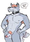  anthro armpit_hair athletic athletic_anthro athletic_male balls biped blush body_hair canid canine canis collar collar_only digital_media_(artwork) english_text erection eyebrows fur genitals good_boy grey_body grey_fur hands_on_hips hickeybickeyboo humanoid_genitalia humanoid_penis male mammal navel nipples nude offscreen_character pecs penis pubes solo speech_bubble tail tail_motion tailwag teeth text wolf 